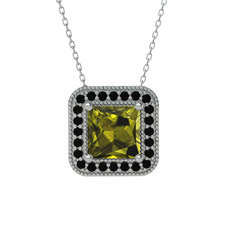 Esinti Kare Kolye - Peridot ve siyah zirkon 14 ayar beyaz altın kolye (40 cm beyaz altın rolo zincir) #1gsbhfs
