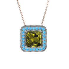 Peridot ve akuamarin 8 ayar beyaz altın kolye (40 cm gümüş rolo zincir)