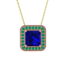 Esinti Kare Kolye - Lab safir ve kök zümrüt 14 ayar rose altın kolye (40 cm altın rolo zincir) #1gvho1n