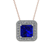 Esinti Kare Kolye - Lab safir ve swarovski 14 ayar beyaz altın kolye (40 cm rose altın rolo zincir) #1h5oe5y