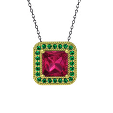 Esinti Kare Kolye - Rodolit garnet ve yeşil kuvars 18 ayar altın kolye (40 cm gümüş rolo zincir) #1hcw8xs