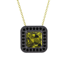 Esinti Kare Kolye - Peridot ve siyah zirkon 925 ayar siyah rodyum kaplama gümüş kolye (40 cm altın rolo zincir) #1hfo90e