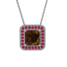 Dumanlı kuvars ve rodolit garnet 18 ayar beyaz altın kolye (40 cm gümüş rolo zincir)
