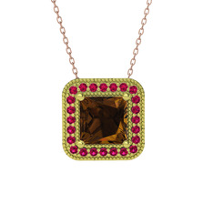 Dumanlı kuvars ve rodolit garnet 18 ayar altın kolye (40 cm rose altın rolo zincir)