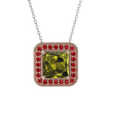 Esinti Kare Kolye - Peridot ve garnet 8 ayar rose altın kolye (40 cm beyaz altın rolo zincir) #1i3v11g