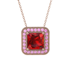 Esinti Kare Kolye - Garnet ve pembe kuvars 18 ayar rose altın kolye (40 cm rose altın rolo zincir) #1id1k3g