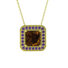 Esinti Kare Kolye - Dumanlı kuvars ve ametist 14 ayar altın kolye (40 cm altın rolo zincir) #1ifmira