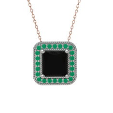 Esinti Kare Kolye - Siyah zirkon ve kök zümrüt 18 ayar beyaz altın kolye (40 cm rose altın rolo zincir) #1ik9rk2