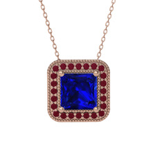 Esinti Kare Kolye - Lab safir ve kök yakut 8 ayar rose altın kolye (40 cm rose altın rolo zincir) #1jc5i95