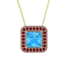 Esinti Kare Kolye - Akuamarin ve kök yakut 8 ayar rose altın kolye (40 cm altın rolo zincir) #1jwbq7y
