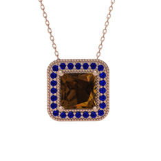 Esinti Kare Kolye - Dumanlı kuvars ve lab safir 14 ayar rose altın kolye (40 cm rose altın rolo zincir) #1jwsym8