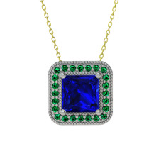 Esinti Kare Kolye - Lab safir ve yeşil kuvars 18 ayar beyaz altın kolye (40 cm gümüş rolo zincir) #1jwtnpt