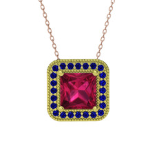 Rodolit garnet ve lab safir 18 ayar altın kolye (40 cm rose altın rolo zincir)