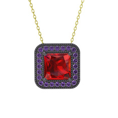 Esinti Kare Kolye - Garnet ve ametist 925 ayar siyah rodyum kaplama gümüş kolye (40 cm altın rolo zincir) #1jzk731