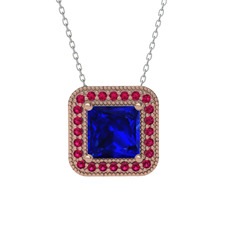 Lab safir ve rodolit garnet 925 ayar rose altın kaplama gümüş kolye (40 cm beyaz altın rolo zincir)