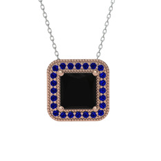 Esinti Kare Kolye - Siyah zirkon ve lab safir 8 ayar rose altın kolye (40 cm beyaz altın rolo zincir) #1k0efdc