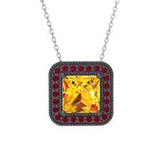 Esinti Kare Kolye - Sitrin ve kök yakut 925 ayar siyah rodyum kaplama gümüş kolye (40 cm gümüş rolo zincir) #1k5qp13