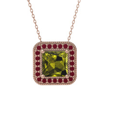 Peridot ve kök yakut 14 ayar rose altın kolye (40 cm rose altın rolo zincir)