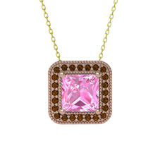 Esinti Kare Kolye - Pembe kuvars ve dumanlı kuvars 8 ayar rose altın kolye (40 cm gümüş rolo zincir) #1kh8ot3