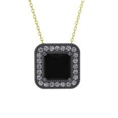 Esinti Kare Kolye - Siyah zirkon ve beyaz zirkon 925 ayar siyah rodyum kaplama gümüş kolye (40 cm altın rolo zincir) #1knpvym