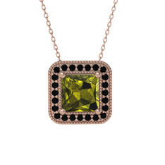 Esinti Kare Kolye - Peridot ve siyah zirkon 8 ayar rose altın kolye (40 cm rose altın rolo zincir) #1kpg46s