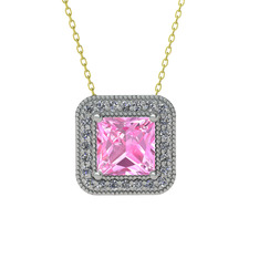 Esinti Kare Kolye - Pembe kuvars ve pırlanta 8 ayar beyaz altın kolye (0.264 karat, 40 cm gümüş rolo zincir) #1kt53ln