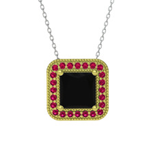 Esinti Kare Kolye - Siyah zirkon ve rodolit garnet 14 ayar altın kolye (40 cm beyaz altın rolo zincir) #1kvtqgo
