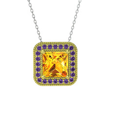 Esinti Kare Kolye - Sitrin ve ametist 18 ayar altın kolye (40 cm beyaz altın rolo zincir) #1l3ugen