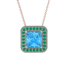 Esinti Kare Kolye - Akuamarin ve kök zümrüt 14 ayar beyaz altın kolye (40 cm rose altın rolo zincir) #1l6k5ah
