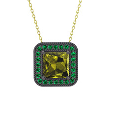 Esinti Kare Kolye - Peridot ve yeşil kuvars 925 ayar siyah rodyum kaplama gümüş kolye (40 cm altın rolo zincir) #1l9d264