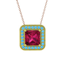 Esinti Kare Kolye - Rodolit garnet ve akuamarin 14 ayar altın kolye (40 cm rose altın rolo zincir) #1lurxda