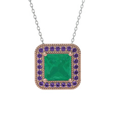 Kök zümrüt ve ametist 8 ayar rose altın kolye (40 cm beyaz altın rolo zincir)