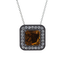 Esinti Kare Kolye - Dumanlı kuvars ve swarovski 925 ayar siyah rodyum kaplama gümüş kolye (40 cm beyaz altın rolo zincir) #1m42p6x