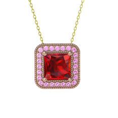 Esinti Kare Kolye - Garnet ve pembe kuvars 8 ayar rose altın kolye (40 cm altın rolo zincir) #1mcmyyn