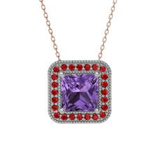 Esinti Kare Kolye - Ametist ve garnet 14 ayar beyaz altın kolye (40 cm rose altın rolo zincir) #1meadpa