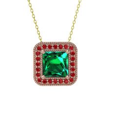 Esinti Kare Kolye - Yeşil kuvars ve garnet 18 ayar rose altın kolye (40 cm altın rolo zincir) #1mgonze
