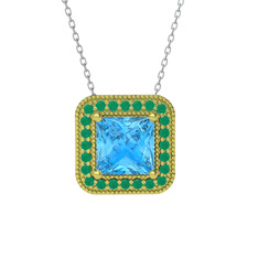 Esinti Kare Kolye - Akuamarin ve kök zümrüt 8 ayar altın kolye (40 cm beyaz altın rolo zincir) #1mi9ycs