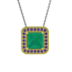 Esinti Kare Kolye - Kök zümrüt ve ametist 14 ayar altın kolye (40 cm gümüş rolo zincir) #1msdjhe