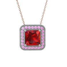 Esinti Kare Kolye - Garnet ve pembe kuvars 8 ayar beyaz altın kolye (40 cm rose altın rolo zincir) #1mziozg