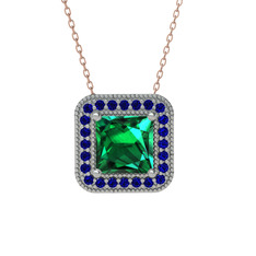 Esinti Kare Kolye - Yeşil kuvars ve lab safir 18 ayar beyaz altın kolye (40 cm rose altın rolo zincir) #1n2q5p6