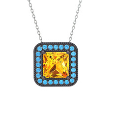 Esinti Kare Kolye - Sitrin ve akuamarin 925 ayar siyah rodyum kaplama gümüş kolye (40 cm beyaz altın rolo zincir) #1nh684