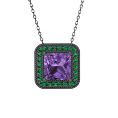 Esinti Kare Kolye - Ametist ve yeşil kuvars 925 ayar siyah rodyum kaplama gümüş kolye (40 cm gümüş rolo zincir) #1nhee4n