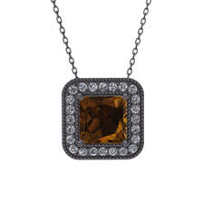 Esinti Kare Kolye - Dumanlı kuvars ve beyaz zirkon 925 ayar siyah rodyum kaplama gümüş kolye (40 cm gümüş rolo zincir) #1niybv5