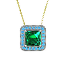 Esinti Kare Kolye - Yeşil kuvars ve akuamarin 14 ayar beyaz altın kolye (40 cm altın rolo zincir) #1nl1xqc