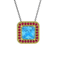 Akuamarin ve rodolit garnet 18 ayar altın kolye (40 cm gümüş rolo zincir)