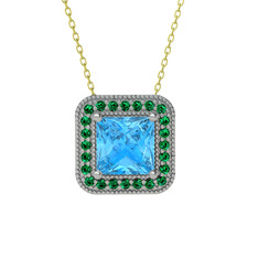 Esinti Kare Kolye - Akuamarin ve yeşil kuvars 18 ayar beyaz altın kolye (40 cm gümüş rolo zincir) #1p8u4s3