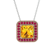 Esinti Kare Kolye - Sitrin ve rodolit garnet 18 ayar rose altın kolye (40 cm gümüş rolo zincir) #1pbr5t9