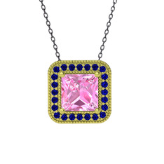 Pembe kuvars ve lab safir 8 ayar altın kolye (40 cm gümüş rolo zincir)
