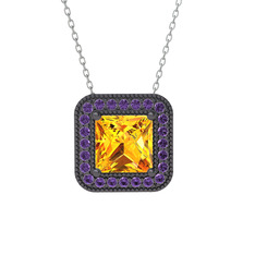 Esinti Kare Kolye - Sitrin ve ametist 925 ayar siyah rodyum kaplama gümüş kolye (40 cm gümüş rolo zincir) #1px936g