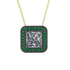 Esinti Kare Kolye - Swarovski ve yeşil kuvars 925 ayar siyah rodyum kaplama gümüş kolye (40 cm altın rolo zincir) #1q571w2